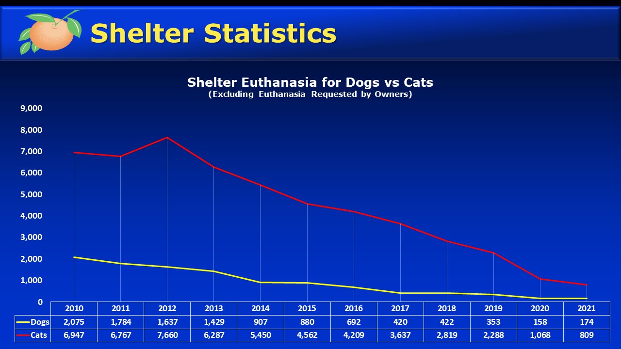 Graph of dog vs cat euthanasia by fiscal year, beginning in 2010